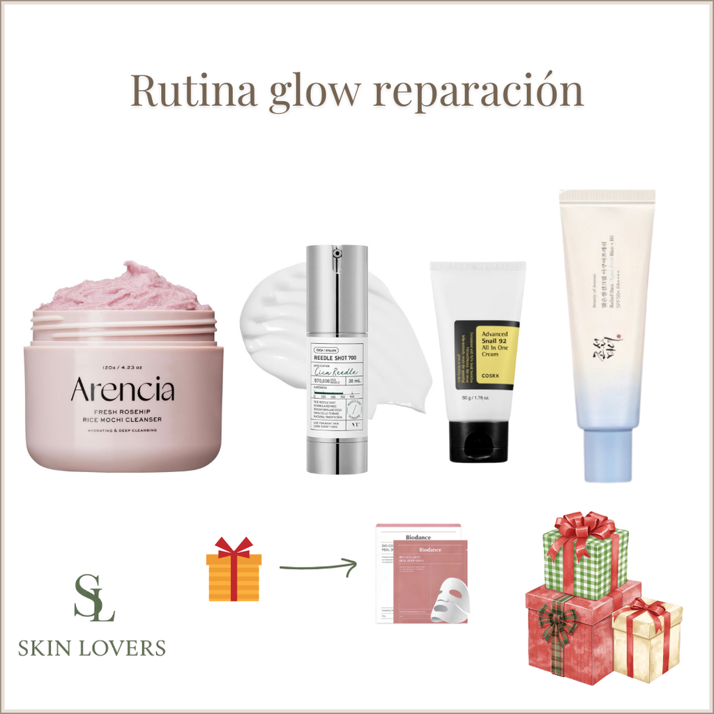 RUTINA GLOW REGENERACIÓN (Fresh Rosehip Rice Mochi Cleanser 120g-  Reedle Shot 300 50 ml - Advanced Snail Mucin 92 All in One Cream 100 gr -  Relief Sun Aqua Fresh Rice + B5 50ml , Regalo: Bio-Collagen Real Deep Mask)