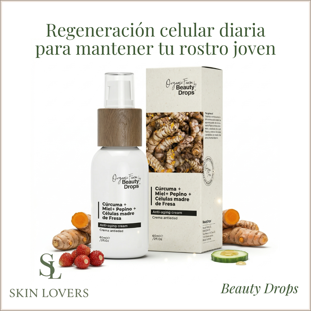 ORGANIC FARM CREMA ANTIEDAD Cúrcuma + Miel + Pepino + Células Madre de Fresa - BEAUTY DROPS